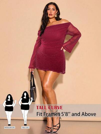 SHEIN Tall CURVE 大码女式优雅闪光露肩褶饰 A 字喇叭袖连衣裙，性感迷你派对礼服，适合毕业、婚礼、晚会、夜间外出、毕业礼服