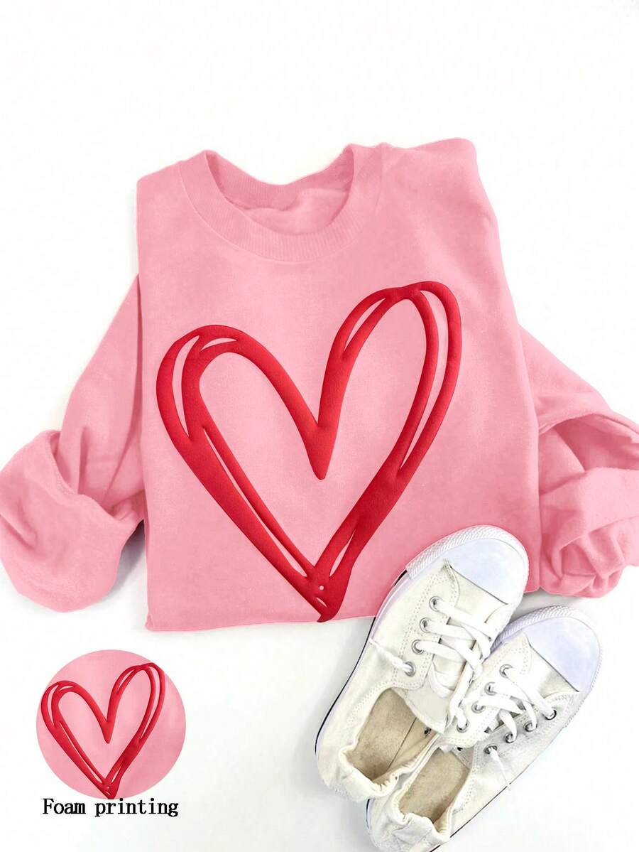 INAWLY 心形泡泡袖卫衣，心形压纹卫衣，情人节卫衣，情人节衬衫，泡泡袖印花卫衣，爱心印花抓绒圆领长袖连帽衫 - 淺粉色 - 查看 1