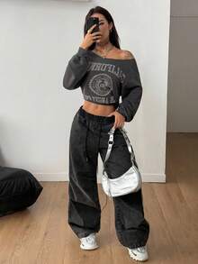 Coolane Women's Fall/Winter Vintage Streetwear Homecoming Daily Wear Casual Knit Place Name Pattern One Shoulder Sweatshirt - Dark Grey - View 6