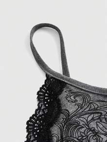 ROMWE Fairycore Women's Rhinestone Floral Pattern Contrast Lace Camisole - Grey - View 3