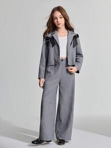 Ontre 青少年女孩灰色蝴蝶结装饰领休闲西装外套和裤子 - 灰色 - 查看 6