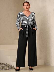 Chikora Plus Size Women's Jumpsuit,Black And White Elegant Patchwork Long Sleeve Pants,Autumn Dinner Work Commute Jumpsuit - Black and White - View 5