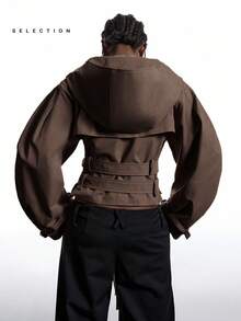 LYSMO 2025新款极简秋季女装咖啡棕色超大设计超大连帽长袖夹克，飞行员夹克，商务休闲，返校，Y2K风格，街头哥特斗篷 - 咖啡棕 - 查看 2