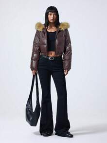 LYSMO Áo khoác ngắn có mũ trùm đầu, cổ lông phủ bóng, đệm lông cho mùa thu/đông - Cà phê nâu - Xem 7