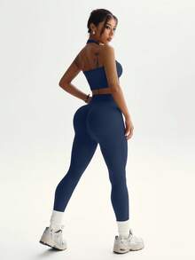 Dewbera Women's Solid Color Halter Sleeveless Cropped Fitted Casual Fitness Sportswear Set Ribbed Workout Set Navy Workout Set 2 Piece Sets Woman Active - Dusty Blue - View 6