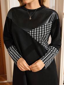 EMERY ROSE 大码时尚通勤千鸟格拼接长袖连衣裙 - 彩色 - 查看 3