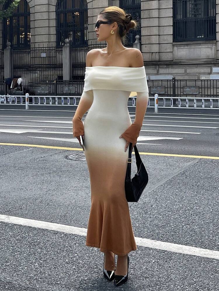 Women's Elegant Contrast Color Off Shoulder Sweater Dress, Autumn