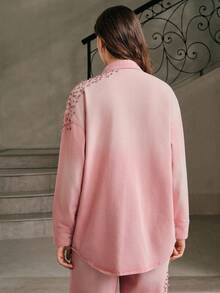 Anewsta New Fashionable Women's Heavily Embellished Rhinestone Denim Shirt, Suitable For Valentine's Day Party, Pink - Pink - View 5