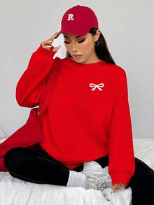 SHEIN EZwear 2 pièces/Set sweat-shirt ample décontracté col rond rose et leggings skinny, logo nœud, streetwear, vintage, retour à l'école, rétro, tenues décontractées d'automne et d'hiver pour femmes, vêtements scolaires, campagne, hip-hop, streetwear, sports, fitness, gym - Multicolore - Voir 3