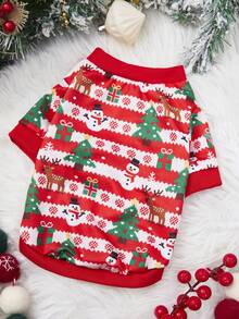 PETSIN 1 件圣诞绿色圣诞树雪人图案，斑点鹿印花圣诞亲肤透气宠物服装 - 彩色 - 查看 1