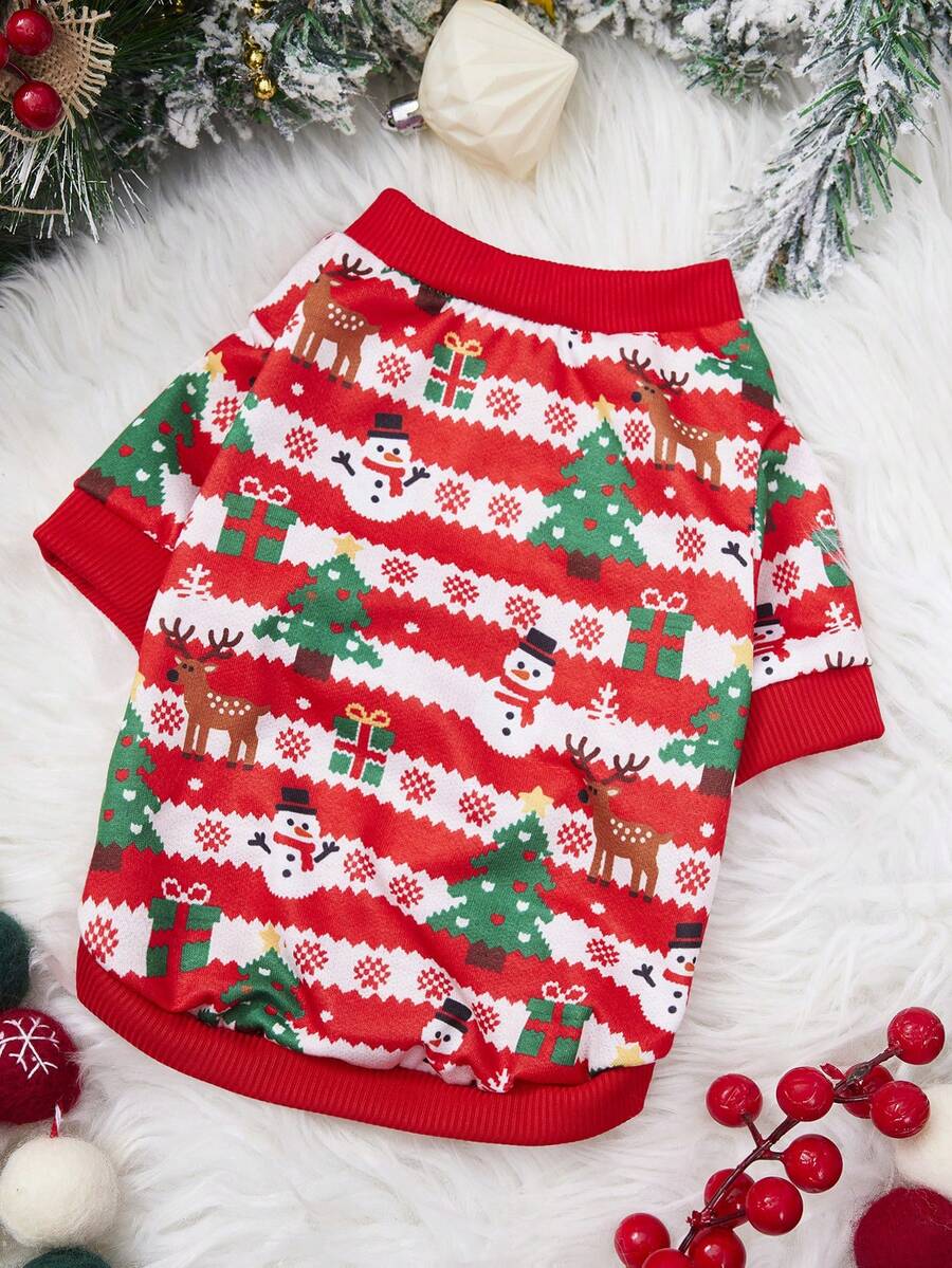 PETSIN 1 件圣诞绿色圣诞树雪人图案，斑点鹿印花圣诞亲肤透气宠物服装 - 彩色 - 查看 1