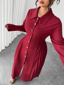 Elenzga Plus Size Solid Color Elegant Button Pleated Dress, Suitable For Dates, Weddings, Parties, New Year - Burgundy - View 6