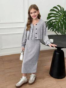 SHEIN Serisse Kids 青少年女孩休闲时尚法式优雅罗纹 V 领长袖修身开衫夹克搭配修身长裙套装，适合周末、休闲外出、返校 - 灰色 - 查看 5