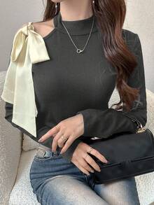 FRIFUL 女式高领肩部镂空蝴蝶结修身甜美长袖 T 恤，女士可爱上衣，秋季 - 深灰色 - 查看 3