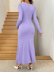 SHEIN Pregnant Women Solid Color 3D Floral Decor Round Neck Bubble Long Sleeve Fitted Elegant Dress Pregnant Outfits Lavender Maternity Dress Maternity Outfits Maternity Dress Baby Shower Pregnancy Dress For Photoshoot Winter Clothes  Long Party Dresses  Elegant Party Dress Chic