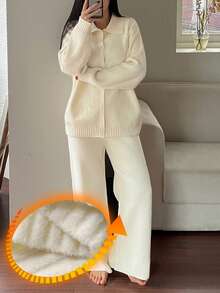 DAZY Women's Solid Color Knitted Loose Fit Pajama Set, Autumn/Winter - White - View 3