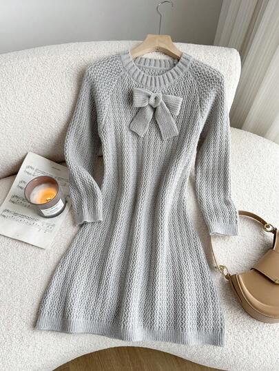 Tween Girls' Casual Knit Dress With Bow Decor, Autumn/Winter Cute Dress Grey Dress Long Sleeve Dress