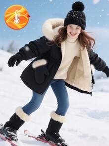 SHEIN Girls' Mid-Length Hooded Casual Pocket Faux Fur Solid Color Fleece Jacket, Winter