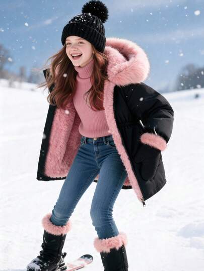 SHEIN Girls' Mid-Length Hooded Casual Pocket Faux Fur Solid Color Fleece Jacket, Winter