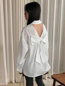 DAZY 少女款梭织翻领长袖衬衫，镂空蝴蝶结装饰，秋季款 - 白色 - 查看 3