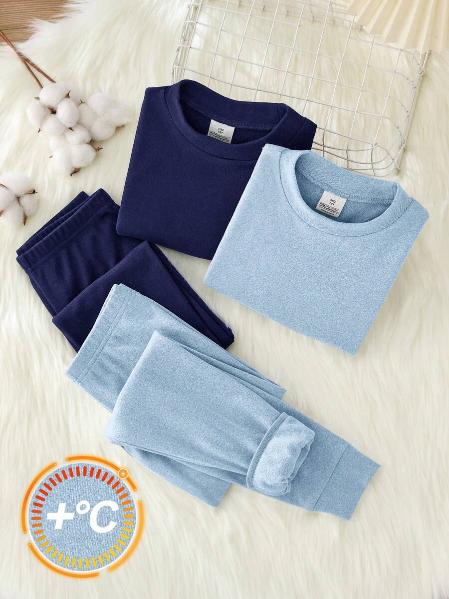 SHEIN 4 件套青少年男孩简约舒适圆领长袖 T 恤和裤子柔软舒适保暖内衣睡衣套装 - 藏蓝色 - 查看 1