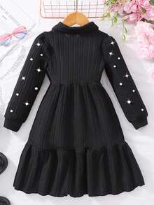 Rochie elegantă pentru fete, cu dungi, volane, decorată cu perle, și geantă crossbody, stil prințesă, ținută dulce - Negru - Vizualizare 2