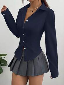 Flirla 女式休闲纯色纽扣长袖衬衫 - 藏蓝色 - 查看 4