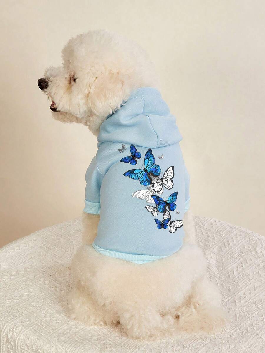 PETSIN 1 Schmetterling Muster Haustier Hoodie mit Hut, hellblau, dick und warm, windundurchlässig und hautfreundlich, geeignet zum Tragen von Konservendosen Haustierbekleidung