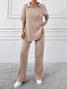 EURMUSE Cotton Two Pieces Set Polo Neck Top And Pant Set Rib Knit Fabric - Beige - View 5