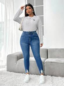 SHEIN PETITE CURVE 大码女式蓝色牛仔弹力紧身裤 - 中等水洗藍 - 查看 6