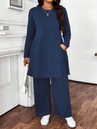 Calvaya Plus Size Solid Color Minimalist Long Sleeve Top And Pants 2 Pieces Set