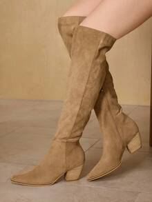 MOTF WOMEN'S NEW CHUNKY HIGH HEEL ROUND TOE OVER-THE-KNEE SLIM BOOTS, WINTER - Brown - View 7