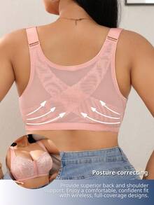 1pc Plus Size Women Lace Patchwork Wireless Bra, Comes With Round Adhesive Nipple Covers - Coral Pink - View 7