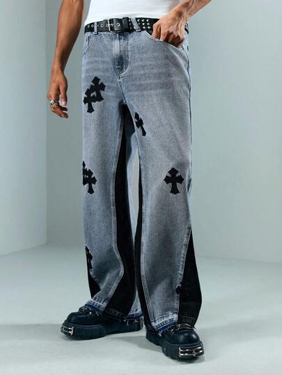 Street Life Men's Casual Cross Printed Denim Jeans