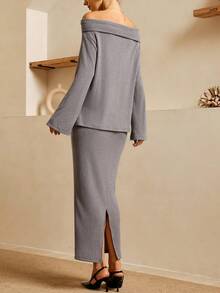 Lymera Conjunto de top de manga larga con hombros descubiertos y falda larga de estilo sirena con textura y rayas, casual y elegante para mujer, otoño/invierno - Gris - Ver 3