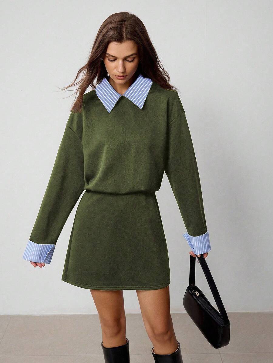 Hanevo Gestreiftes Patchwork-Kleid mit Kragen und Langarm im Lässig-College-Stil für Frauen