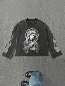 Manfinity Roghcode Men's Flame Print Round Neck Casual Long Sleeve T-Shirt, Fall - Black - View 1