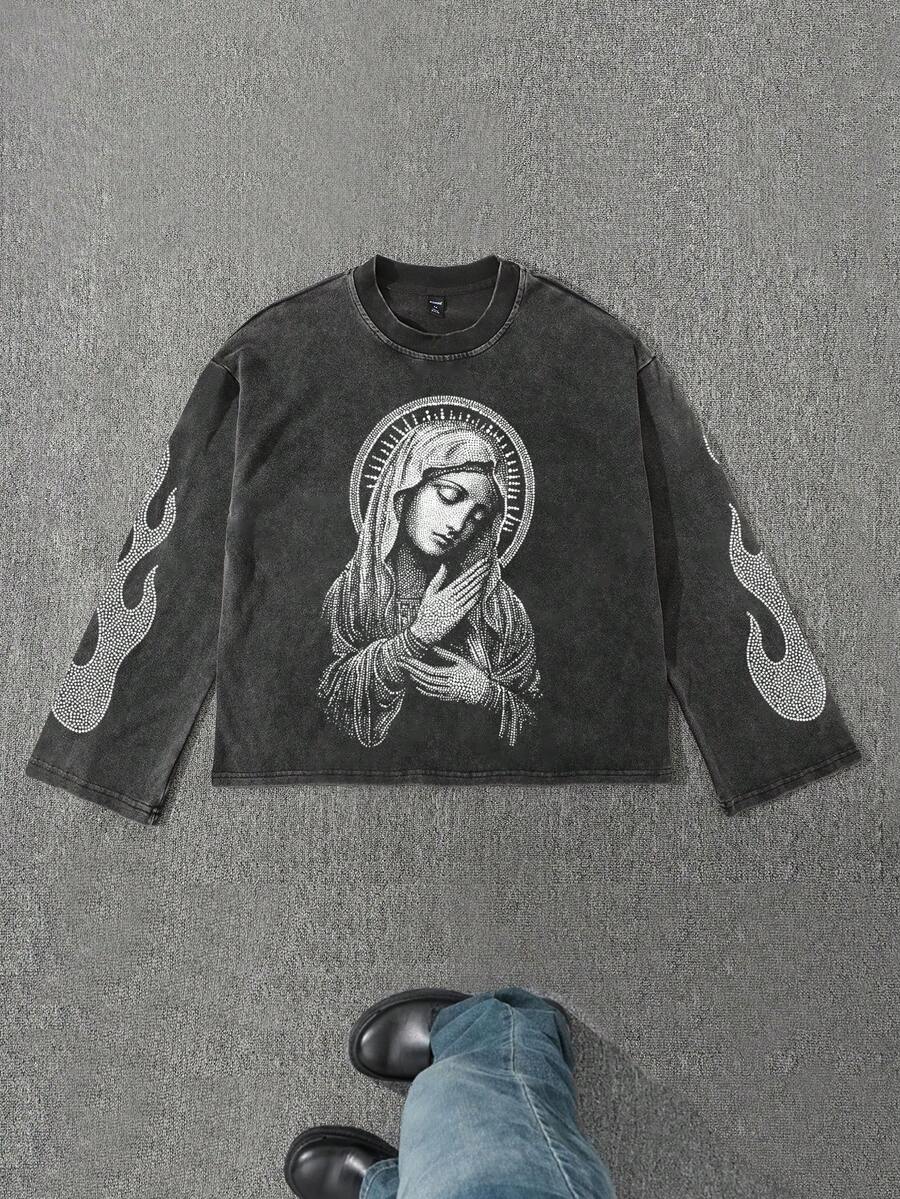 Manfinity Roghcode Men's Flame Print Round Neck Casual Long Sleeve T-Shirt, Fall - Black - View 1