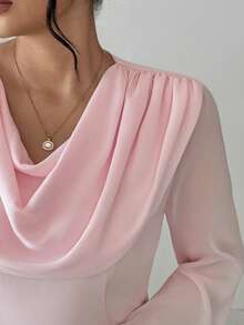 Elenzga 情人节加大码女士优雅收腰长袖连帽连衣裙，秋季时尚穿搭，情人节佳选 - 粉色 - 查看 7