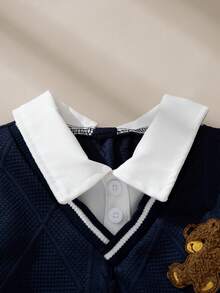 Souflis Souflis 2pcs Set Navy French Retro Long Sleeve 2 In 1 Collared Top & Casual Pants, Suitable For School, Outing, Party, Toddler Boys Outfit, Autumn/Winter - Multicolor - View 7