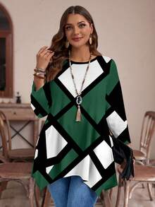 EMERY ROSE Casual Asymmetrical Hem Round Neck Geometric Line Pattern Allover Print Loose Fit Long Sleeve T-Shirt, Suitable For Autumn/Winter, Plus Size Fall - Multicolor - View 3