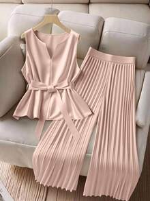 GlowEve CURVE Bộ 2 áo không tay cỡ lớn và quần ống rộng xếp ly thoải mái cho nữ - Bụi hồng - Xem 4