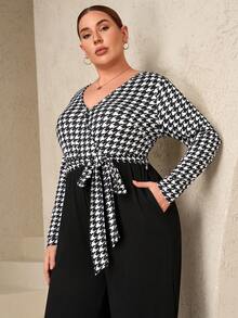 Chikora Plus Size Women's Jumpsuit,Black And White Elegant Patchwork Long Sleeve Pants,Autumn Dinner Work Commute Jumpsuit - Black and White - View 1