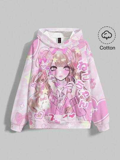 Anime sweat-shirt à capuche ample et décontracté pour femmes avec motif de cœur mignon de dessin animé, rose