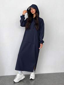 SHEIN EZwear Đầm dài dáng rộng màu xanh navy dành cho nữ, kiểu dáng thường ngày, chất liệu vải dệt kim, có vai rớt, tay dài và xẻ tà. - Màu xanh hải quân - Xem 6