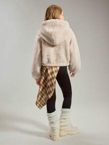 SHEIN Dziewczęca, swobodna, modna, specjalna, tkana, pluszowa, w paski, z sierścią królika, z elastycznymi mankietami i dołem, krótka kurtka z kapturem, podszewka z tkanej tkaniny, dopasowany krój, wygodna na jesień/zimę, na co dzień, do pracy, na zewnątrz, na imprezę, na sesję zdjęciową, na zakupy