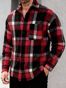 Manfinity Homme 男士红黑格子翻领休闲衬衫外套，水牛格纹户外音乐节、夜店酒吧、男友/老公礼物、周年纪念礼物、朋克风、圣诞节、秋冬季 - 紅色 - 查看 5