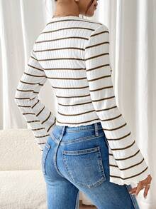 SHEIN Frenchy Women's Casual Ribbed Flare Sleeve Ribbed T-Shirt, Autumn Winter Brown Spring - Brown - View 2