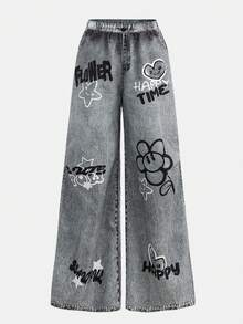 SHEIN Girlism 3 件套青少年女孩秋冬黑色针织连帽衫，心形和脸部印花，黑色图案背心，仿牛仔工装裤