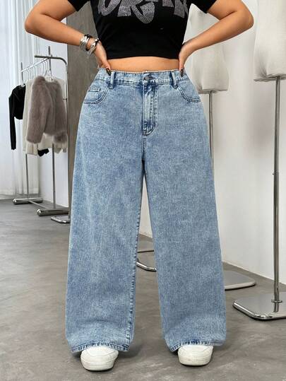 Jeanoix Plus Size Women Y2K Fashion Washed Distressed Pocket Wide Leg Loose Casual Jeans